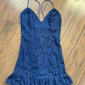 Aooksmery L navy lace ruffle tie back spaghetti strap corset dress